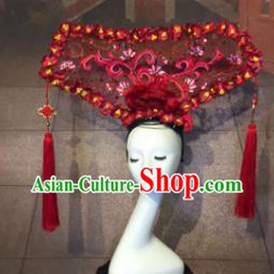 Top Grade China Catwalks Hair Accessories Qing Dynasty Red Headwear Stage Performance Headdress for Women