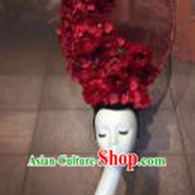 Top Grade China Ancient Qing Dynasty Red Flowers Hair Accessories Stage Performance Headdress for Women
