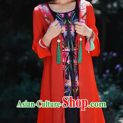 Traditional China National Costume Chinese Tang Suit Embroidered Red Cardigan for Women