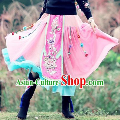 Traditional China National Costume Pink Bust Skirt Chinese Tang Suit Embroidered Dress for Women