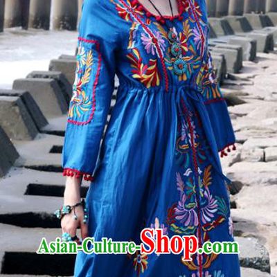 Traditional China National Costume Tang Suit Blue Dress Chinese Embroidered Dresses for Women