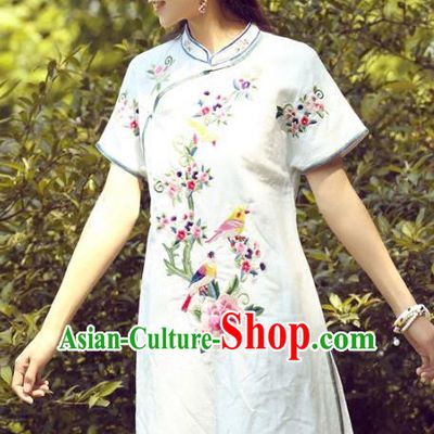 Traditional China National Costume Tang Suit White Qipao Dress Chinese Embroidered Peony Cheongsam for Women
