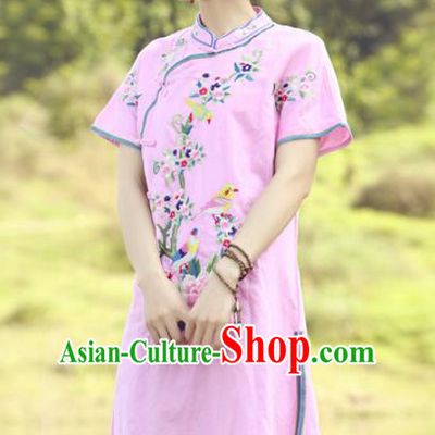 Traditional China National Costume Tang Suit Pink Qipao Dress Chinese Embroidered Peony Cheongsam for Women
