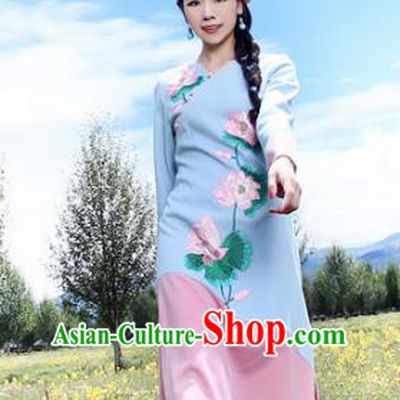 Traditional China National Costume Printing Lotus Cheongsam Dress Chinese Tang Suit Qipao for Women