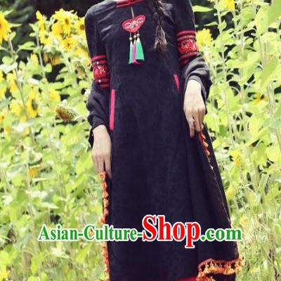 Traditional China National Black Cheongsam Costume Chinese Tang Suit Qipao Dress for Women