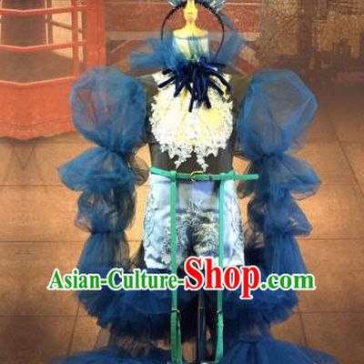 Top Grade Stage Performance Costume Modern Dance Children Dress Catwalks Blue Veil Full Dress for Kids
