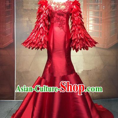 Top Grade Stage Performance Costume Modern Dance Cheongsam Catwalks Red Feather Full Dress for Women