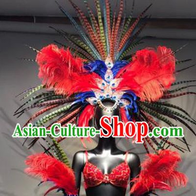 Top Grade Handmade Accessories Brazilian Carnival Costumes Red Feather Headdress and Wings for Women