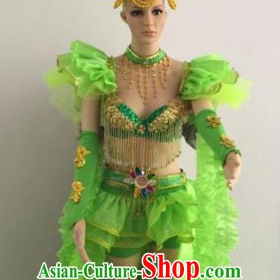 Top Grade Catwalks Green Feather Costume Brazilian Carnival Samba Dance Bikini Clothing and Headdress for Women