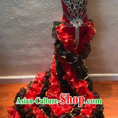Top Grade Children Stage Performance Costume Catwalks Red Bikini Dress and Headwear for Kids