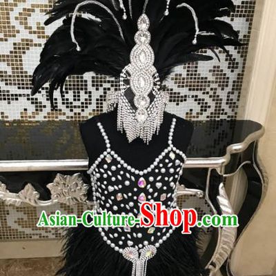 Top Grade Children Stage Performance Costume Catwalks Black Feather Bikini Dress and Headwear for Kids