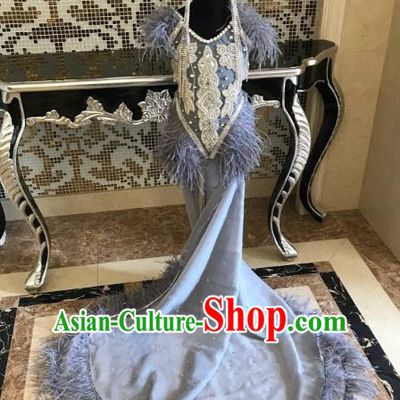 Top Grade Children Stage Performance Costume Catwalks Grey Dress and Headwear for Kids