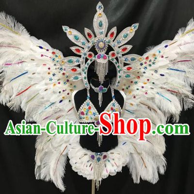 Top Grade Children Stage Performance Costume Catwalks White Butterfly Feather Wings Bikini and Headwear for Kids