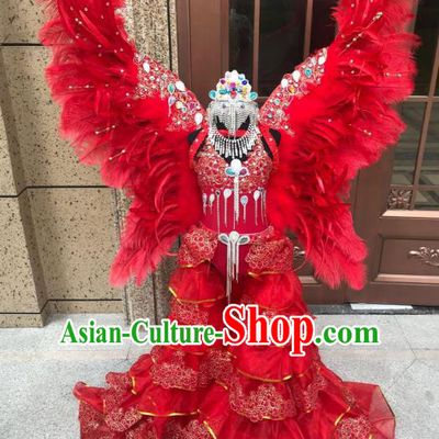 Top Grade Children Stage Performance Costume Catwalks Red Feather Wings Bikini Dress and Headwear for Kids