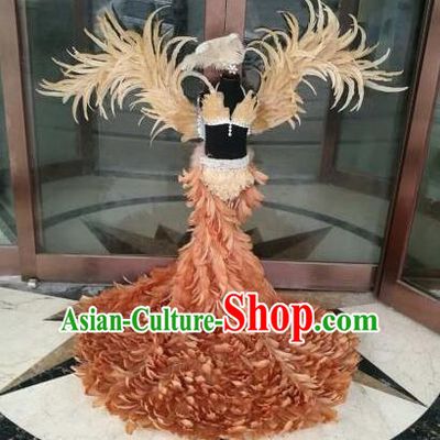 Top Grade Children Stage Performance Costume Modern Dance Brown Feather Bikini Dress and Wings for Kids