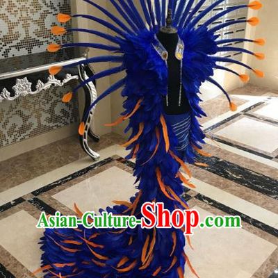 Top Grade Children Stage Performance Costume Catwalks Bikini Mullet Dress and Blue Feather Wings for Kids