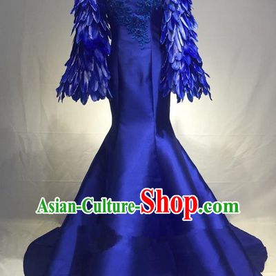 Top Grade Stage Performance Costume Modern Dance Blue Feather Sleeve Mermaid Dress Catwalks Full Dress for Women