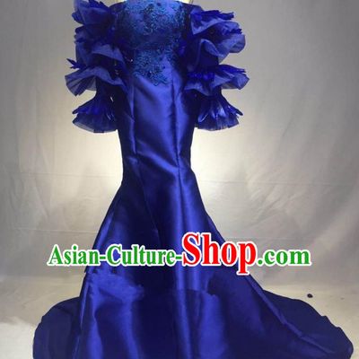 Top Grade Stage Performance Costume Modern Dance Blue Strapless Dress Catwalks Full Dress for Women