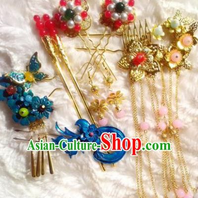 Traditional Chinese Ancient Hair Accessories Blueing Hairpins Tassel Step Shake Complete Set for Women