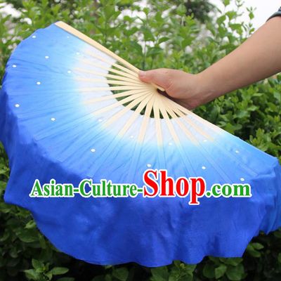 Top Grade Chinese Folk Dance Folding Fans Dance Fans Yangko Deep Blue Silk Fans for Women