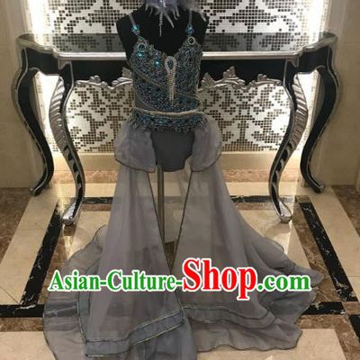 Top Grade Children Stage Performance Costume Catwalks Modern Dance Grey Bikini Dress and Headwear for Kids