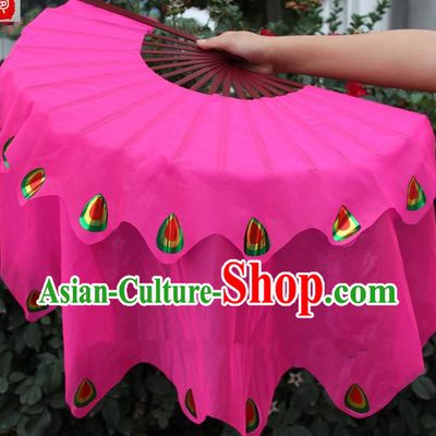 Chinese Handmade Folk Dance Peacock Folding Fans Yangko Dance Rosy Silk Ribbon Fan for Women