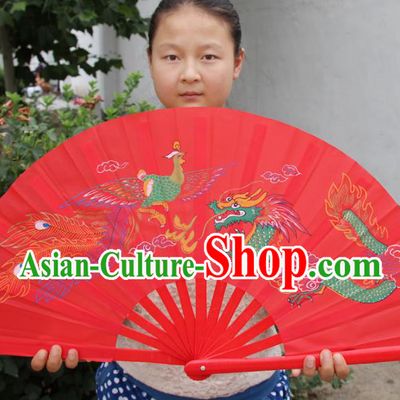 Chinese Handmade Folk Dance Folding Fans Yangko Dance Printing Dragon and Phoenix Tai Chi Red Fan for Women