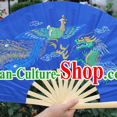 Chinese Handmade Folk Dance Folding Fans Yangko Dance Printing Dragon and Phoenix Tai Chi Blue Fan for Women