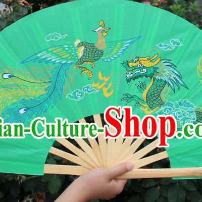 Chinese Handmade Folk Dance Folding Fans Yangko Dance Printing Dragon and Phoenix Tai Chi Green Fan for Women