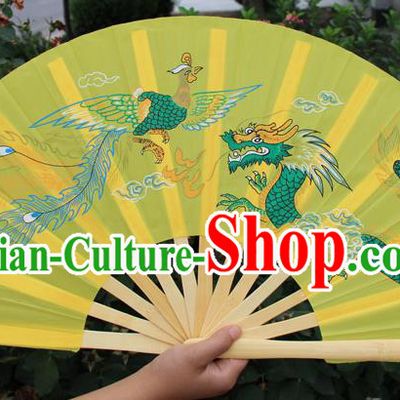 Chinese Handmade Folk Dance Folding Fans Yangko Dance Printing Dragon and Phoenix Tai Chi Yellow Fan for Women
