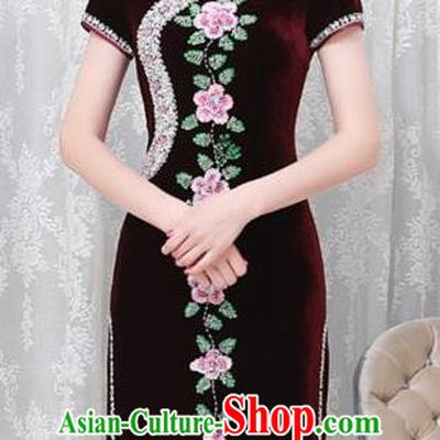 Chinese Traditional Elegant Cheongsam Embroidery Purplish Red Velvet Qipao Dress National Costume for Women