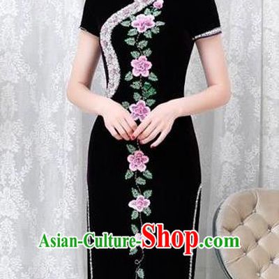 Chinese Traditional Elegant Cheongsam Embroidery Black Velvet Qipao Dress National Costume for Women