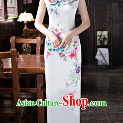 Chinese Traditional Elegant Printing Silk White Cheongsam National Costume Qipao Dress for Women