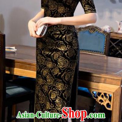 Chinese Traditional Elegant Pattern Rose Black Cheongsam National Costume Silk Qipao Dress for Women