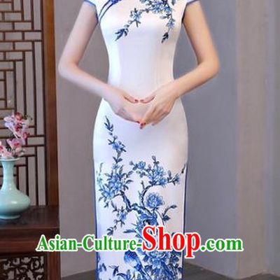 Chinese Traditional Printing White Elegant Cheongsam National Costume Silk Qipao Dress for Women