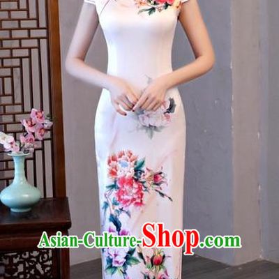 Chinese Traditional Pink Elegant Cheongsam National Costume Printing Peony Silk Qipao Dress for Women