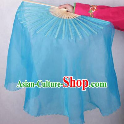 Chinese Handmade Folk Dance Blue Ribbon Folding Fans Yangko Dance Classical Fans for Women