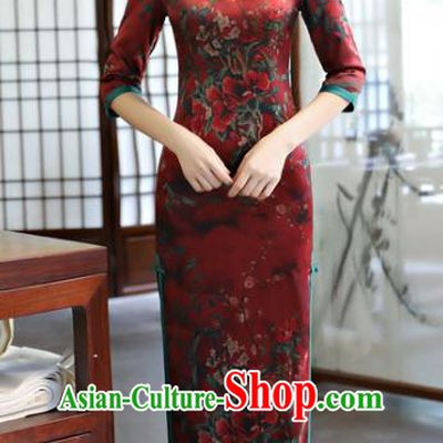 Chinese Traditional Elegant Red Cheongsam National Costume Watered Gauze Qipao Dress for Women