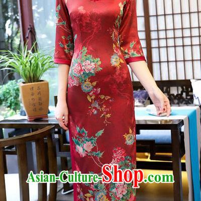 Chinese Traditional Elegant Wedding Cheongsam National Costume Watered Gauze Red Qipao Dress for Women