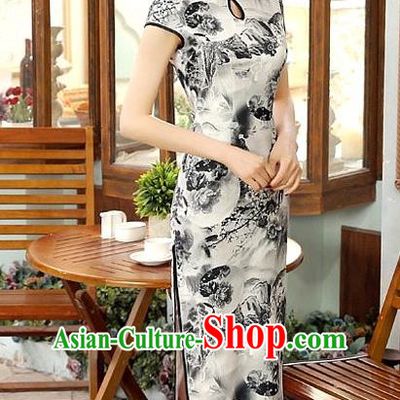 Chinese Traditional Elegant Ink Painting Cheongsam National Costume Silk Qipao Dress for Women