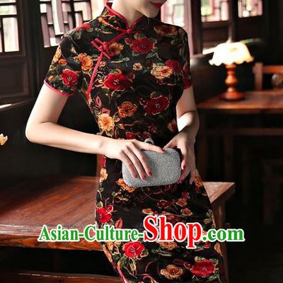 Chinese Traditional Elegant Black Velvet Cheongsam National Costume Short Qipao Dress for Women