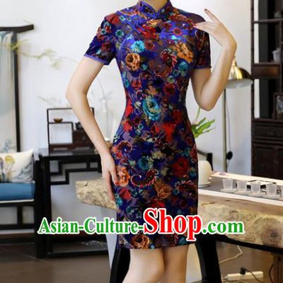 Chinese Traditional Elegant Royalblue Velvet Cheongsam National Costume Short Qipao Dress for Women
