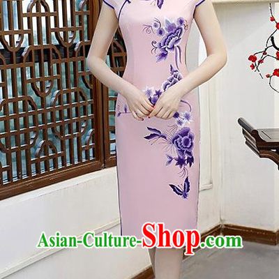 Chinese Traditional Elegant Retro Cheongsam National Costume Printing Peony Pink Qipao Dress for Women