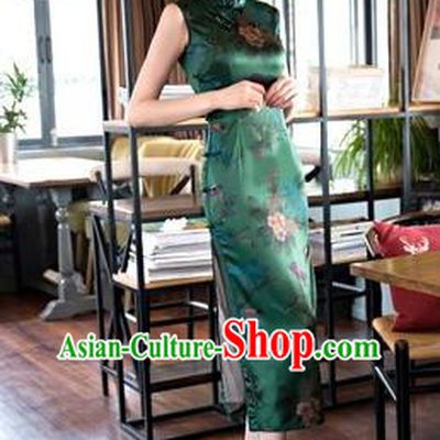 Chinese Traditional Elegant Retro Green Cheongsam National Costume Printing Qipao Dress for Women