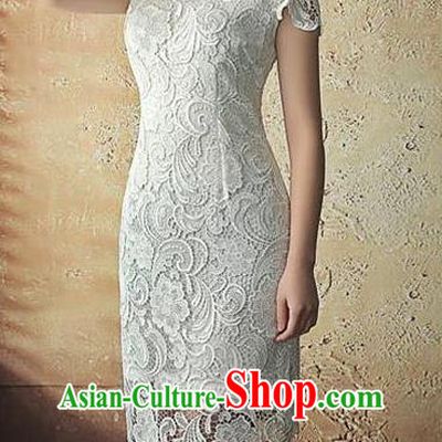 Chinese Traditional Elegant Retro White Lace Cheongsam National Costume Qipao Dress for Women