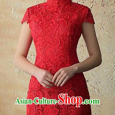 Chinese Traditional Elegant Retro Red Lace Cheongsam National Costume Qipao Dress for Women