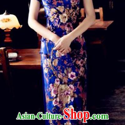 Chinese Traditional Elegant Blue Pleuche Cheongsam National Costume Qipao Dress for Women