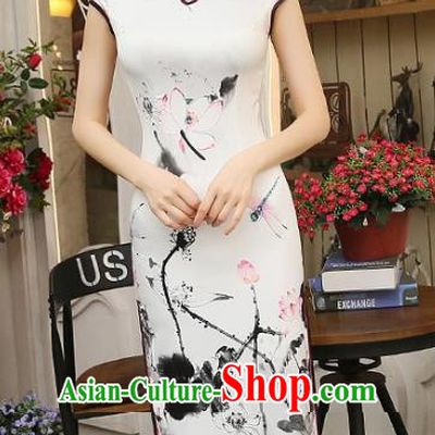 Chinese Traditional Elegant Cheongsam National Costume Ink Painting Lotus Qipao Dress for Women