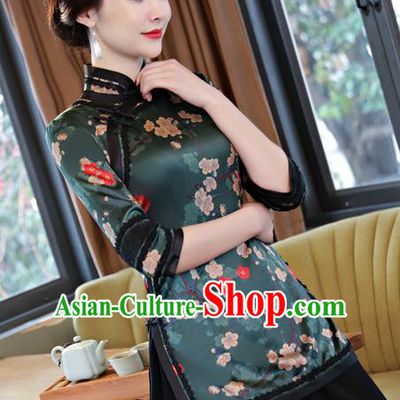 Chinese Traditional Elegant Cheongsam Green Silk Blouse National Costume Tang Suit Qipao Shirts for Women
