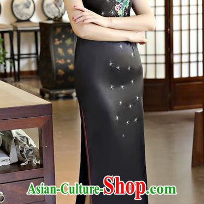 Chinese Traditional Elegant Black Silk Cheongsam National Costume Printing Qipao Dress for Women
